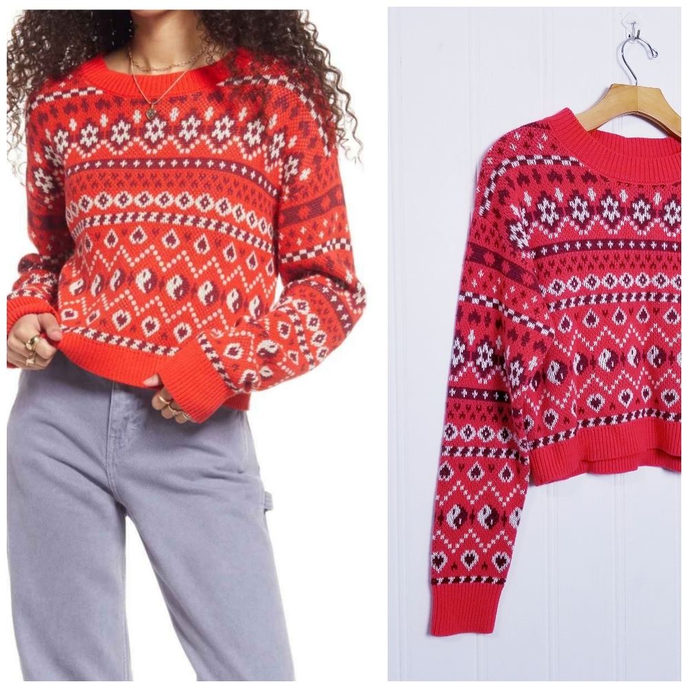 NWT BP. Sweater XS Harmony Cropped Fair Isle Nordic Yin Yang Christmas Red White